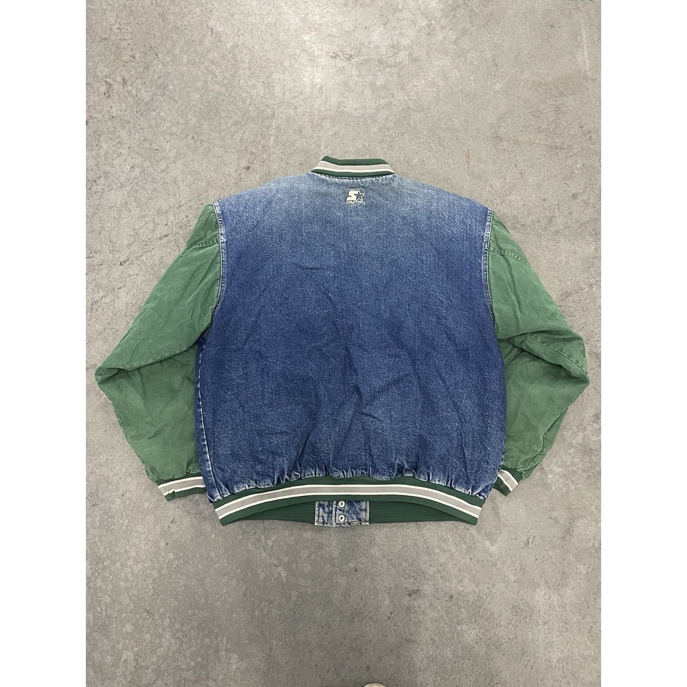 Starter Denim Bomber Jacket Mens XL Green Blue Vintage Authentic Classic Good